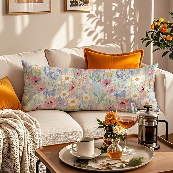 Spring Floral 20x54 Body Pillow Cover, Spring Home Room Decor, Pastel Cottagecore Botanical Wildflower Decorative Long Body Pillow Cases for Bed Couch