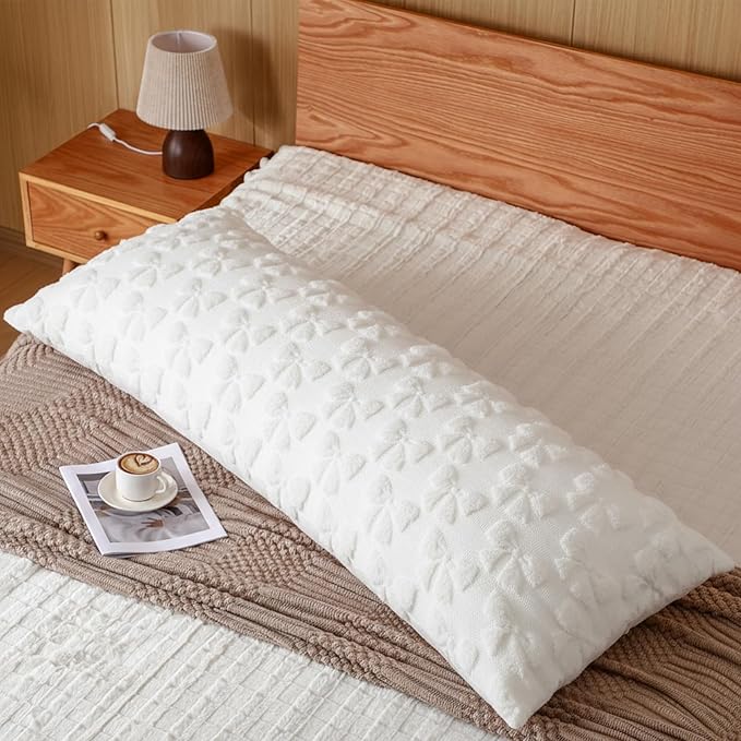 SmoothNovelty Cream White Bow Body Pillow Cover 20 x 54 Inches Coquette Long Body Pillowcase with Zipper Closure Coquette Room Decor Cute Faux Fur Soft Aesthetic Pillow Covers for Bed Sofa Couch