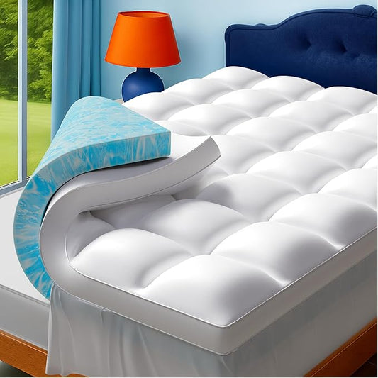 Full Size Dual Layer 4 Inch Memory Foam Mattress Topper, 2 Inch Gel Infused Memory Foam and 2 Inch Down Alternative Pillow Top Mattress Pad Cover, Medium Support for Back Pain & Side Sleep