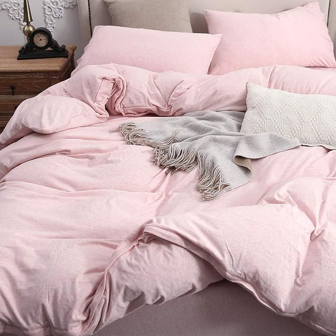PURE ERA Jersey Knit Duvet Cover Set 100% T-Shirt Cotton Super Soft Comfy 3pc Bedding Set with Zipper Closure (Heather Pink, Queen)