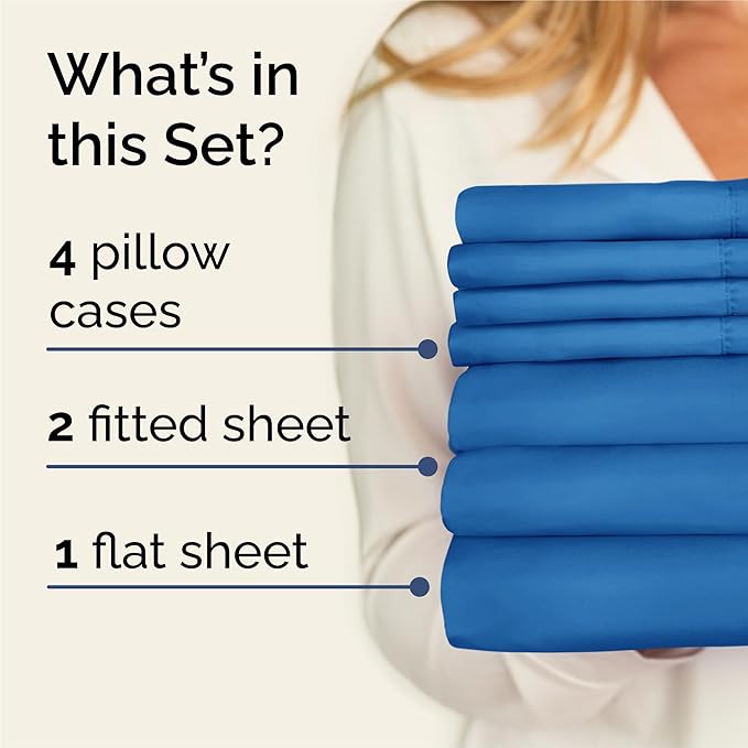 Split King 7 Piece Sheet Set - Comfy, Breathable & Cooling - Soft Hotel Luxury Bedding for Women, Men, Kids, Teens & Children - 1 Flat & 2 Fitted Sheets & 4 Pillowcases w/ Deep Pockets - Royal Blue