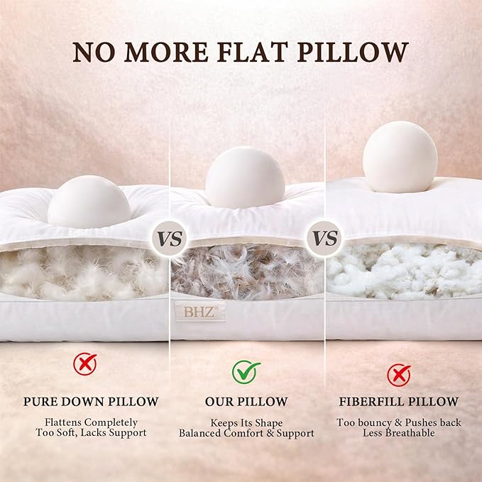 BHZ King Pillow Feather Down Hotel My King Pillow Bed Goose Pillows Alternative Luxury Pillows for Sleeping Side and Back Sleepers Soft Support Gifts White