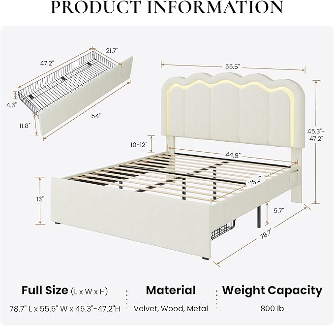 SHA CERLIN Upholstered Full Size Bed Frame with LED Lights and Large Storage Drawer, Velvet Platform Bed with Adjustable Wavy Headboard, Noise Free, Easy Assembly, No Box Spring Needed, Soft Cream