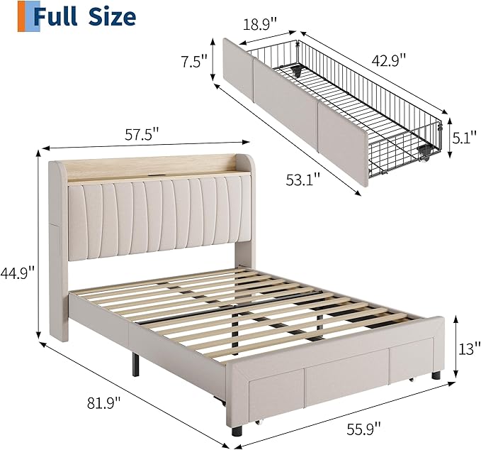 Garvee Upholstered Bed Frame Full Size with Storage Headboard and Charging Station, Platform Bed Frame with Drawers, Heavy Duty, No Box Spring Needed, Easy Assembly, Beige