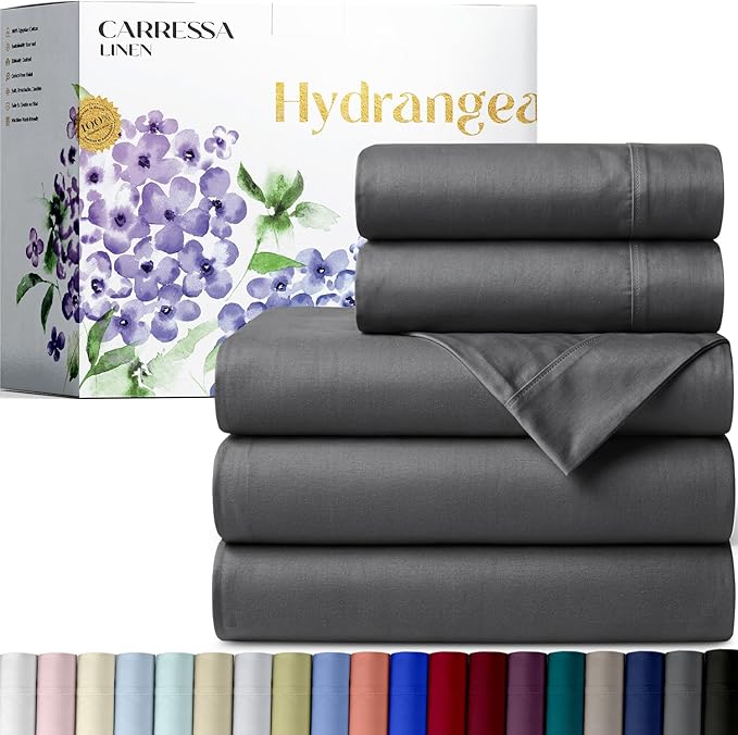 Carressa Linen 100% Egyptian Cotton Split King Sheets Sets for Adjustable Bed - 600 Series Hydrangeas Collection 5 PC Dark Grey Top Split King Sheets, 16" Deep Pocket Sheet for Adjustable Bed
