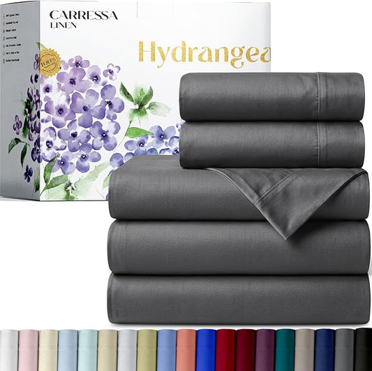 Carressa Linen 100% Egyptian Cotton Split King Sheets Sets for Adjustable Bed - 600 Series Hydrangeas Collection 5 PC Dark Grey Top Split King Sheets, 16" Deep Pocket Sheet for Adjustable Bed