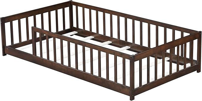 Bellemave Twin Floor Bed with Slats and Safety Guardrails, Twin Size Montessori Floor Bed with Fence and Without Door, Easy Assemble Montessori Beds Frame for Girls, Boys, Pink Espresso