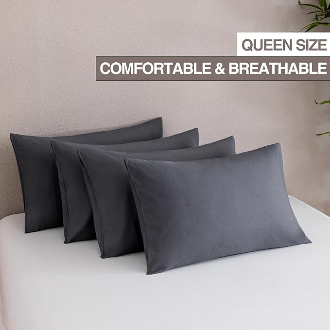 MINIPANDA Dark Grey Pillow Cases Set of 4 Queen Size - Super Soft, Smooth and Breathable Dark Gray Pillow Cases Queen- Envelope Design - Machine Washable Lightweight (20X30 Inches (4 Piece))