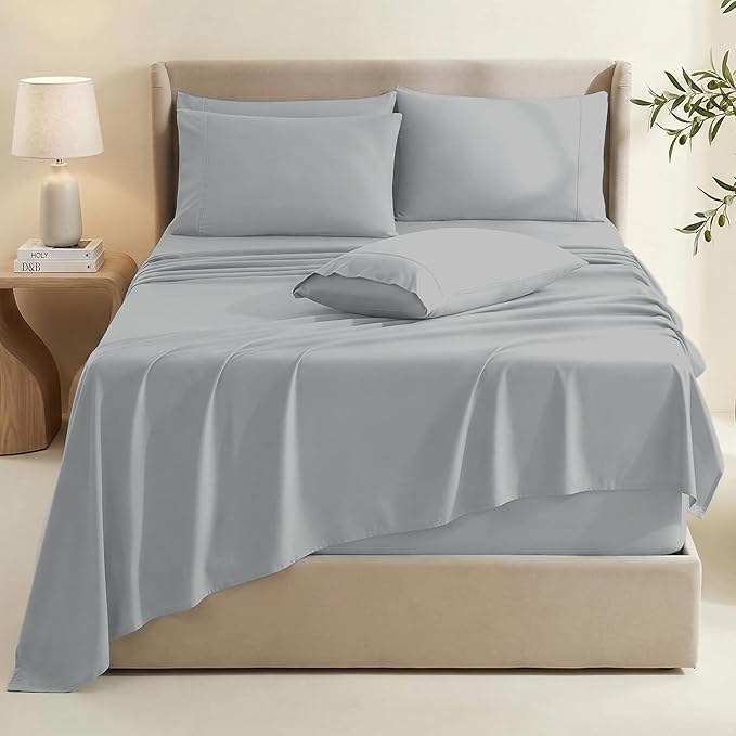 Hearth & Harbor Extra Deep Pocket Sheets - Fits Mattress 18-24 Inches Deep - Extra Deep Pocket Twin Sheets Sets - 4 Piece Twin Size - Silver
