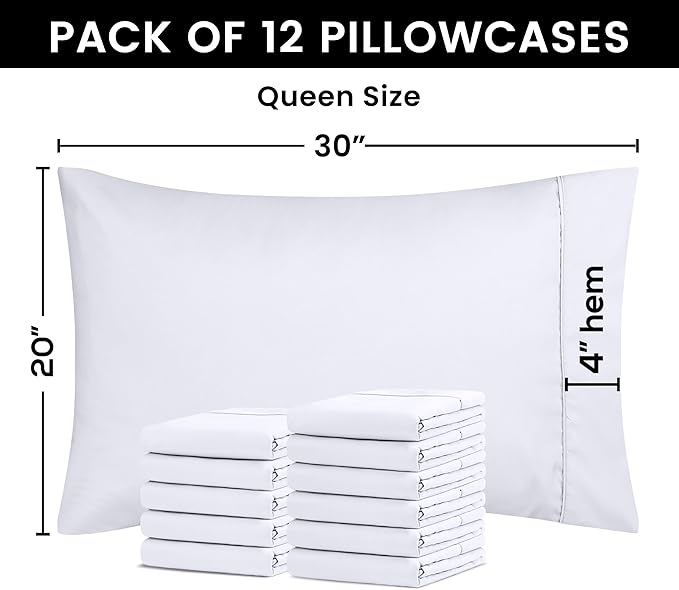 Utopia Bedding Queen Pillow Cases - 12 Pack - Envelope Closure - Soft Brushed Microfiber Fabric - Shrinkage and Fade Resistant Pillow Covers Queen Size 20 X 30 Inches (Queen, White)