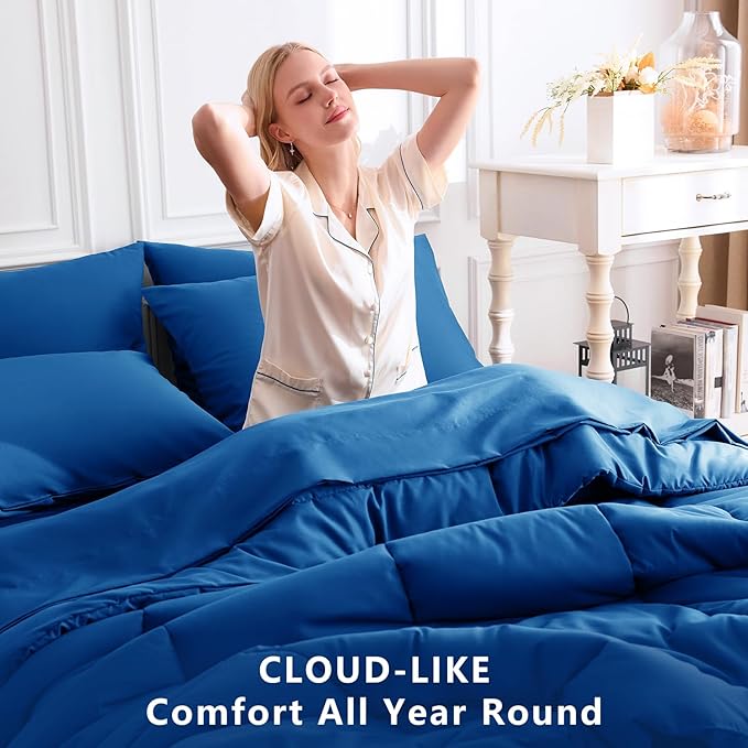 CozyLux Twin XL Comforter Set Classic Blue, 5 Pieces Twin Extra Long Bed in a Bag for College Dorm, All Season Bedding Set with Stitch Quilted Comforter, Flat Sheet, Fitted Sheet, Pillowcases
