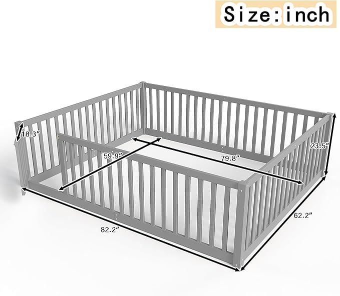 Bellemave Queen Size Montessori Floor Bed with 23.5" High Rails, Pine,Plywood Floor Bed with Small Door, Gray