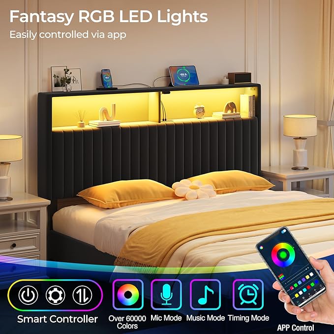 Rolanstar Headboard for Full Size Bed with Storage, Head Board with USB & Type C Port, 60,000 DIY Color of LED Light, Velvet Upholstered, Height Adjustable, Sturdy, Easy Assembly, Black