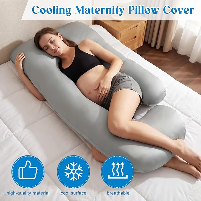 Hahafelt Cooling Pregnancy Pillow Cover (Only Pillowcase) 59 Inch Large J Shaped Full Body Pillowcase Maternity Stretchy Soft Breathable Cool Pillow Cover with Zipper for Side Sleeper (Gray)