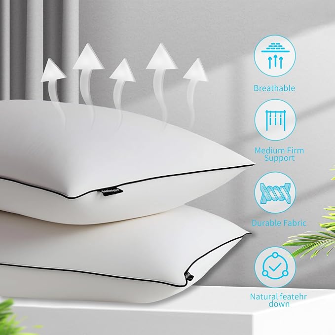 Feather Down Pillow Queen Size Set of 2, 100% Cotton Luxury Hotel Collection Bed Pillows for Sleeping, Down Surrounded Fluffy Soft Medium Firm Pillows for Side Back Stomach Sleepers 20" x 30"