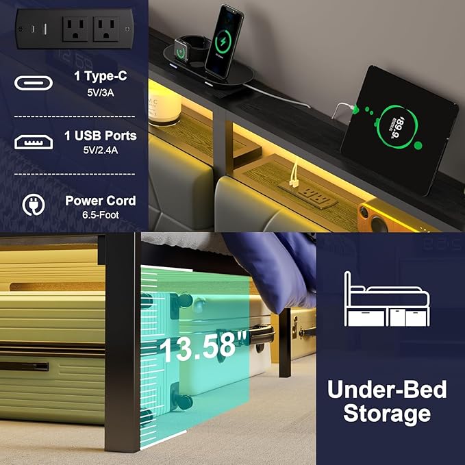 J.Fkne Full Bed Frame with LED Lights & Charging Station, Metal Platform Bed Frame with 2 Tier Storage Headboard, Under Bed Storage, No Box Spring Needed, Noise Free, Easy Assembly