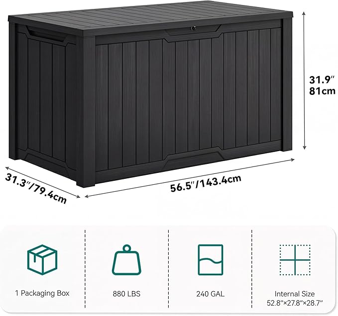 YITAHOME XXL 240 Gallon Large Outdoor Storage Deck Box for Patio Furniture, Outdoor Cushions, Garden Tools and Sports/Pools Equipment, Weather Resistant Resin, Lockable (Black)