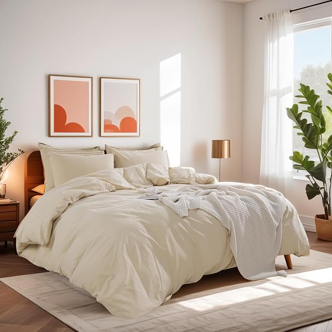 NEXHOME PRO Duvet Cover Set Queen Size Linen Feel Textured Organic Natural 100% Washed Cotton Duvet Cover 3 Pieces Bedding Set with Zipper Closure, Breathable, Soft (No Comforter)