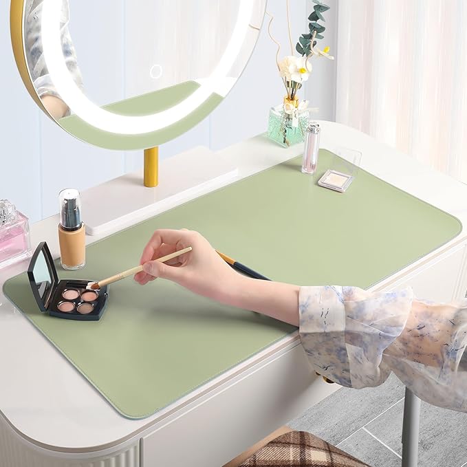 Makeup Mat for Vanity to Protect Desk Top 23.6 x 11.8 in, Dual-Sided Makeup Mat, Easy to Clean Desk Pad - Waterproof and Oilproof Vanity Accessories (Sage Green and Blue)