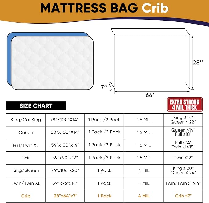 Crib Mattress Storage Bag,Heavy Duty Mattress Bags for Moving,Fits 28" x 64" x 7" Standard Crib Mattress,Tear-Resistant Cover