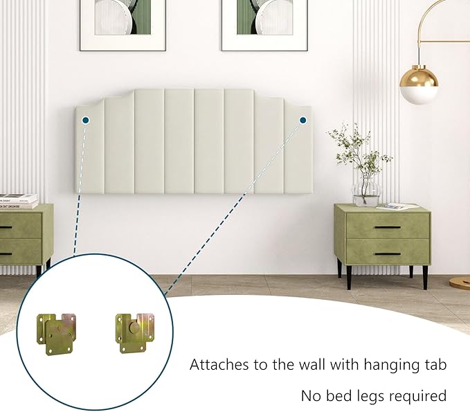 Befurtori Queen Size Headboard Only, Velvet Wall Mounted Headboard Queen/Full Size for Adjustable Bed, Modern Vertical Channel Design with Curved Tufted Upholstered Head Board, Cream