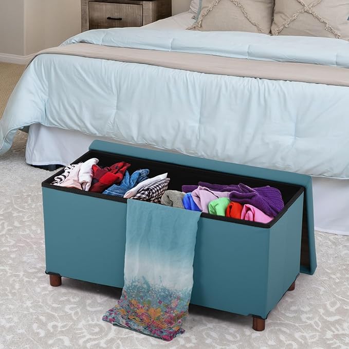 Dorriss Ottoman Storage Bench for Living Room Storage Ottoman with Tray Bedroom Foot Stool Storage Ottomans Coffee Table Lid Storage Footstool with Legs end of Bed Faxu Leather 30" Inch (D-Blue)
