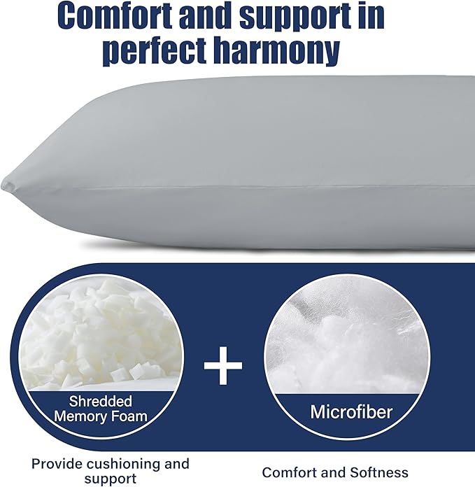 SHOUREN Cotton Memory Foam Body Pillow Insert (2 Pack)- Cooling Breathable Full Body Pillow for Side Sleeper - Soft Long Bed Pillow for Adults - 20 x 54 inch-Gray