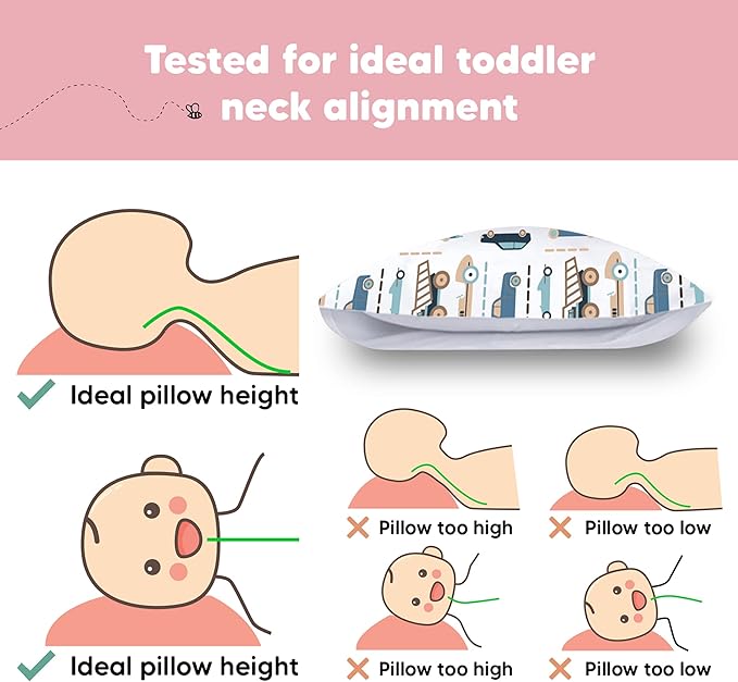 Toddler Pillow with Pillowcase - 13x18 My Little Dreamy Kids Travel Bed Pillows for Sleeping, Organic Cotton Small Pillowcase, Soft & Breathable, Machine Washable, Toddlers 2-5 years old (Vroom)