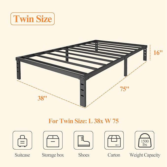 16 Inch Metal Bed Frame Twin Size, Heavy Duty Mattress Foundation with Underbed Storage, Non-Slip Steel Slats, Easy Assembly, No Box Spring Needed, Black