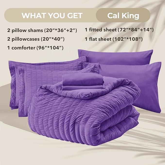 HYMOKEGE Bright Purple California King Comforter Set Seersucker 7 Pieces, All Season Luxury Bed in a Bag for Bedroom, Bedding Set with Comforter, Sheets, Pillowcases & Shams