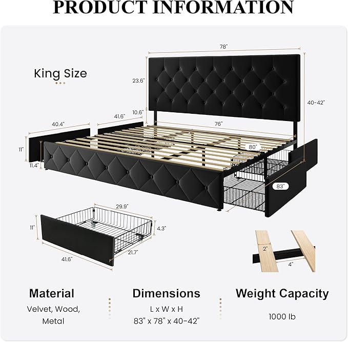 SHA CERLIN King Size Platform Bed Frame with 4 Oversized Storage Drawers, Adjustable Headboard with Velvet Upholstery, Diamond Button Tufted Design, Wooden Slat Support, No Box Spring Needed, Black