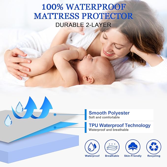 Sufdari King Size Mattress Protector,Waterproof Mattress Protector,Fitted Sheet Style Mattress Cover with 18" Deep Pocket,Washable and Comfortable-Blue,King