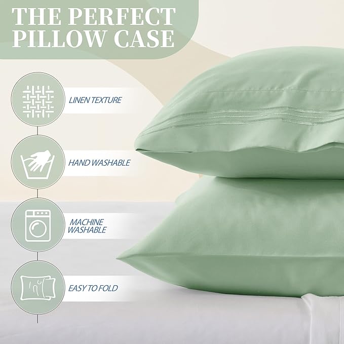 Vonty 2 Pack King Pillow Cases - 20x40 Inch, 1800 Thread Count Microfiber Pillowcases King Size Sage Green Pillow Cases Luxury & Soft Embroidered Bed Pillow Covers with Envelope Closure