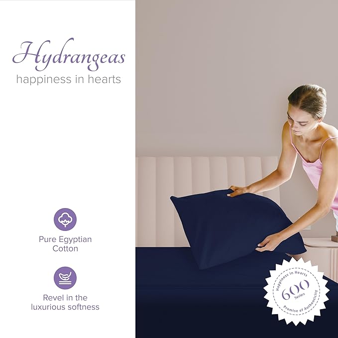 Carressa Linen 100% Egyptian Cotton King Size Pillow Cases Set of 2 - Luxury 600 Series Hydrangeas Collection King Pillowcases (Navy Blue), Soft Cooling, Sateen Weave Hotel Quality Bed Pillow Cover