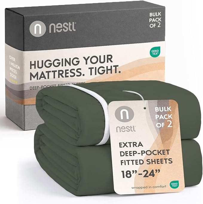 Nestl 2 Pack Olive Green Fitted Sheet Extra Deep Pocket, Hotel Luxury KingFitted Sheet Only Easily Fits 18 to 24 Inch Mattress, Super Soft, Wrinkle-Free and Breathable with Corner Straps