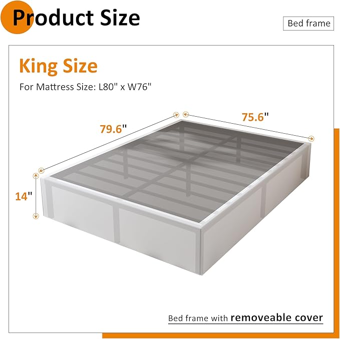 Maenizi 14 Inch King Size Bed Frame with White Fabric Cover, Heavy Duty King Platform Bed Frame Support Up to 3000 lbs, No Box Spring Needed, Easy Assembly, Noise Free, Black