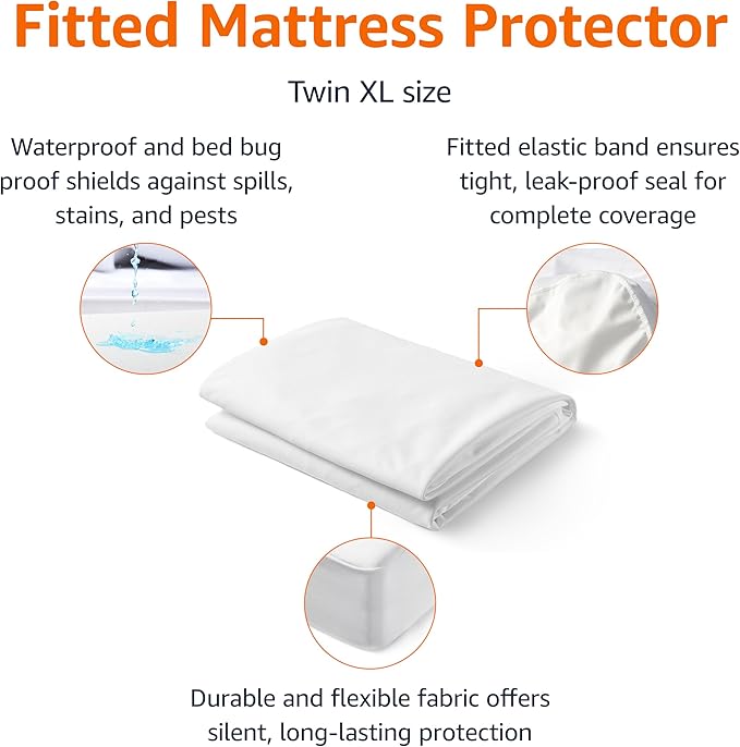 Amazon Basics Waterproof Mattress Protector, Secure Elastic Fit, Protection Against Spills and Pests, Twin XL, White (Pack of 2)