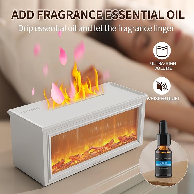 Fireplace Flame Air Diffuser Humidifier 280ml with Remote Control,7 Colors Aromatherapy Essential Oil Diffuser,Ultrasonic Aroma Humidifier with Timer for Home,Bedroom,Office,Yoga, White