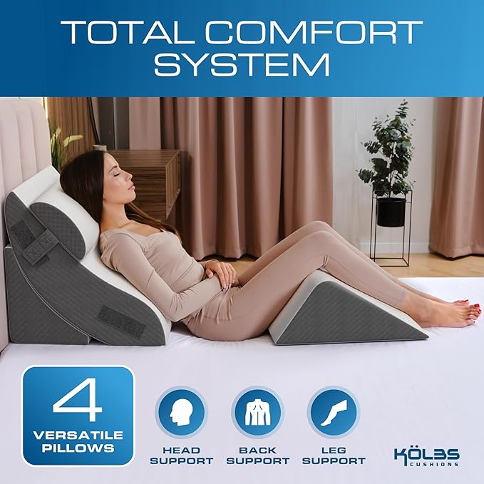 Kolbs Bed Wedge Pillow for Sleep Apnea, FSA Eligible Acid Reflux, and Back Pain Relief, with Chic Jacquard Cover - Headboard Wedges for Sleeping (4 Piece Wedge Set)