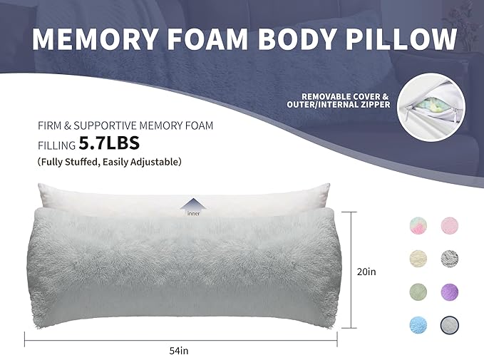Fluffy Silk Full Body Pillow for Adults 20x54 Satin Body Pillow Cover Pillowcase with Memory Foam for bed Light Grey Pregnancy Cuddle Snuggles Body Pillows for Sleeping Side Sleeper Pillows for Adults