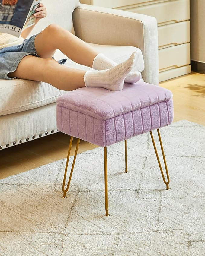 IBUYKE Stool Chair with Storage Space, Footrest Footstool Ottoman, Small Side Table, with 4 Metal Legs, with Anti-Slip Feet, for Makeup Room, Bedroom, Purple LG-50V