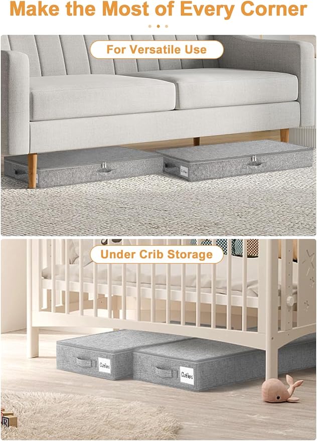 punemi 4.5 Inch Tall Under Bed Storage Containers,Low Profile Underbed Clothes Storage Bin with Sturdy Side & Bottom Support, Use as Clothes Organizer, Pillow and Blanket Organizer, 2 Pack, Grey