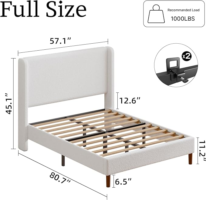 Full Boucle Upholstered Platform Bed Frame with Adjustable Wingback Headboard, Cloud Bed with Solid Wood Legs, No Box Spring Needed, Easy Assembly, White