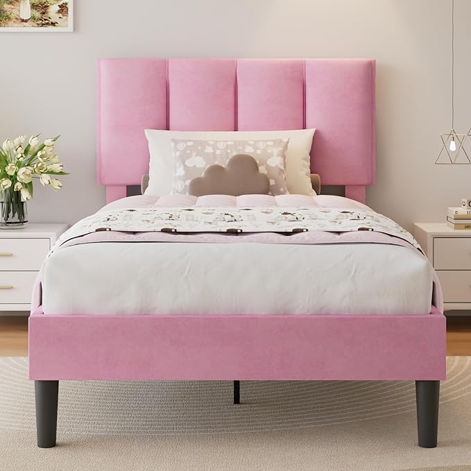 VECELO Twin Size Bed Frame with Upholstered Headboard, Heavy-Duty Bedframe with Wooden Slats & Steel Framework, Easy Assembly, Pink