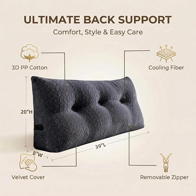 Headboard Pillow Twin Size, Reading Pillow for Bed, Leaf Pattern Wedge Pillow, Tufted Backrest Support, Headboard Substitute, Darkgray