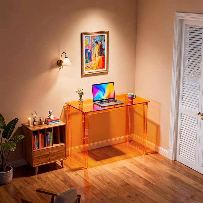 Acrylic Desk, Clear Modern Writing Table for Home Office (Orange, Nomal)