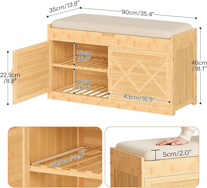 HOOBRO Shoe Bench, Shoe Storage Bench with Cushion, Bamboo Entryway Bench with Hidden Compartment, Storage Bench with Lift Top and 2 Door, for Living Room, Bedroom, Hallway, Beige and Natural YE60HX01