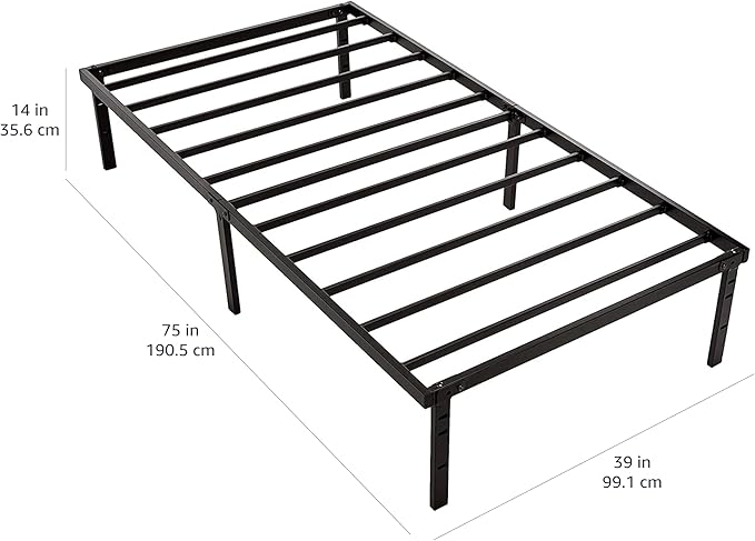 Amazon Basics Sturdy Heavy-Duty Non-Slip Platform Bed Frame, Steel Slat Support, Noise Free, Easy Assembly, 14 Inch Storage Height, Twin Size, Black