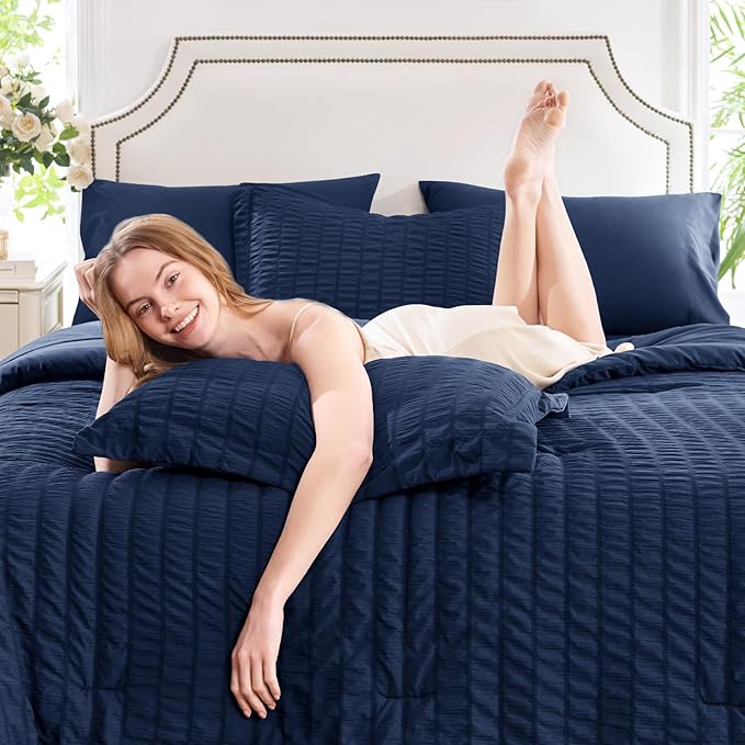 CozyLux Queen Comforter Set Navy Blue Seersucker 7 Pieces Bed in a Bag Queen Comforter Set with Sheets, Luxury Bedding Sets with Down Alternative Comforter, Sheets, Pillowcases & Shams for All Season
