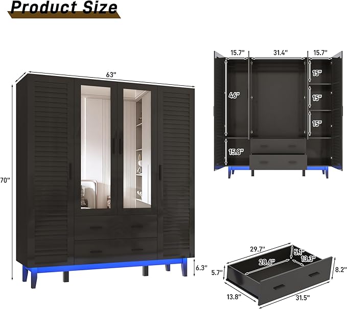 jiteentarou 4 Door Armoire Wardrobe Closet Cabinet with Drawers and LED Lights, Multi-Tier Shelves, Hanging Rod & Louver Doors, Large Capacity Storage Wardrobe Armoire for Bedroom(4 Doors Black)